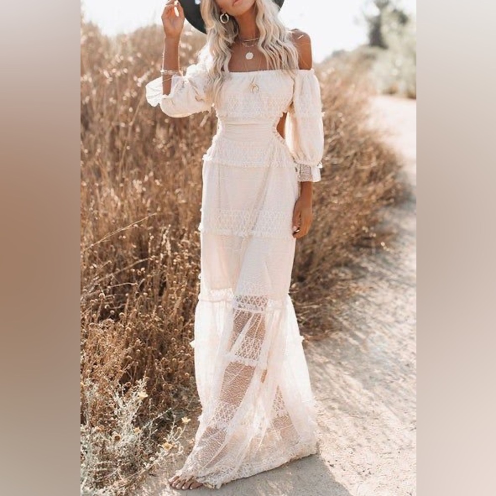 NWT Skylar Rose Off The Shoulder Open Back Boho Tiered Lace Maxi Dress Cream M